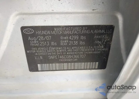 2008 Hyundai Sonata Gls z USA, uszkodzony, nr VIN 5NPET46C08H366707
